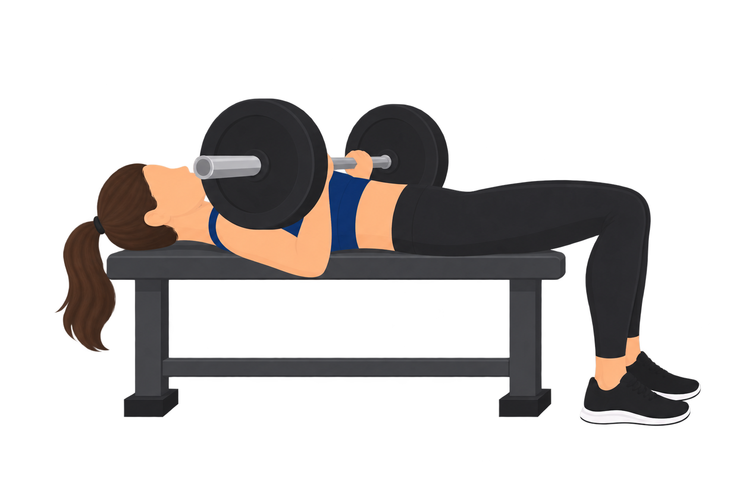 Illustration of a correct bench press bottom position: the barbell is lowered until it touches the lifter's mid-chest, held motionless, before the press begins.