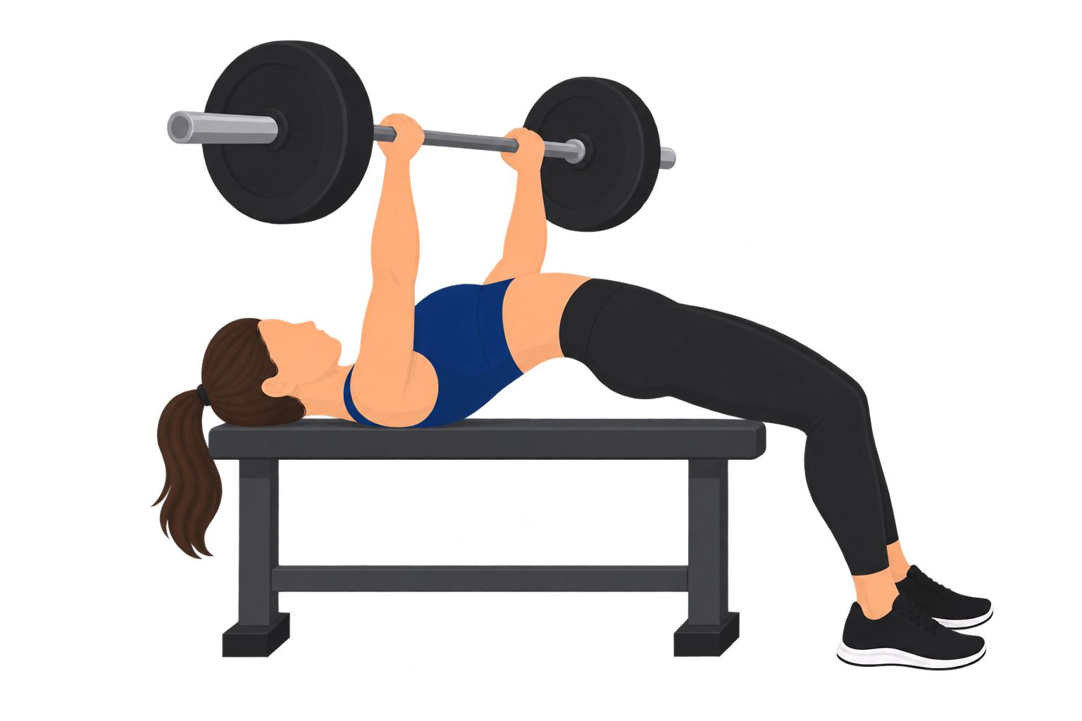 Illustration of a disqualified bench press: the lifter's hips and buttocks have risen off the bench surface as the bar is pressed up, creating a visible gap between the lower back and the bench.