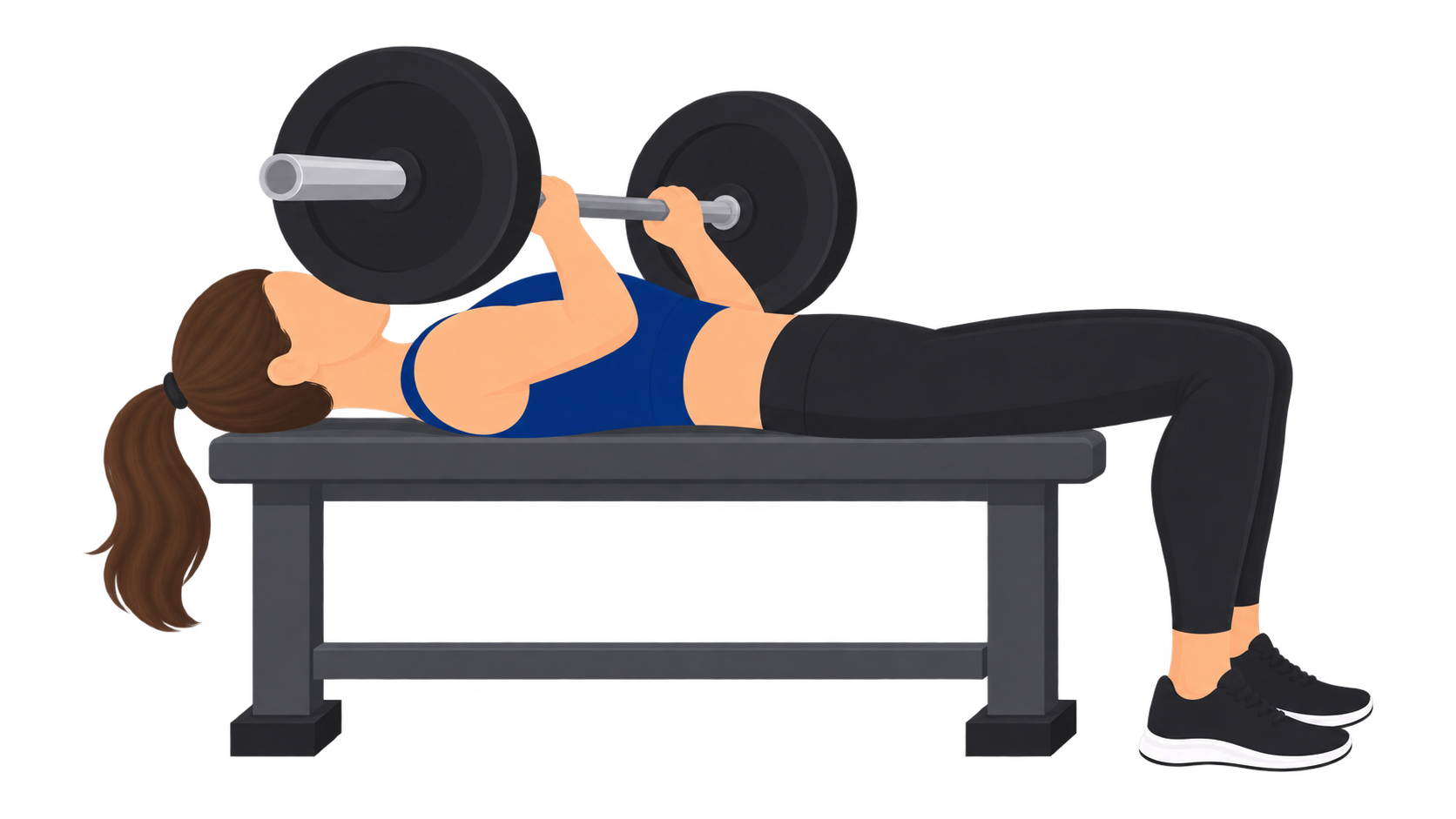Illustration of a disqualified bench press: at the bottom of the rep, the lifter's elbows remain visibly higher than the top of the shoulders, well short of the required depth.
