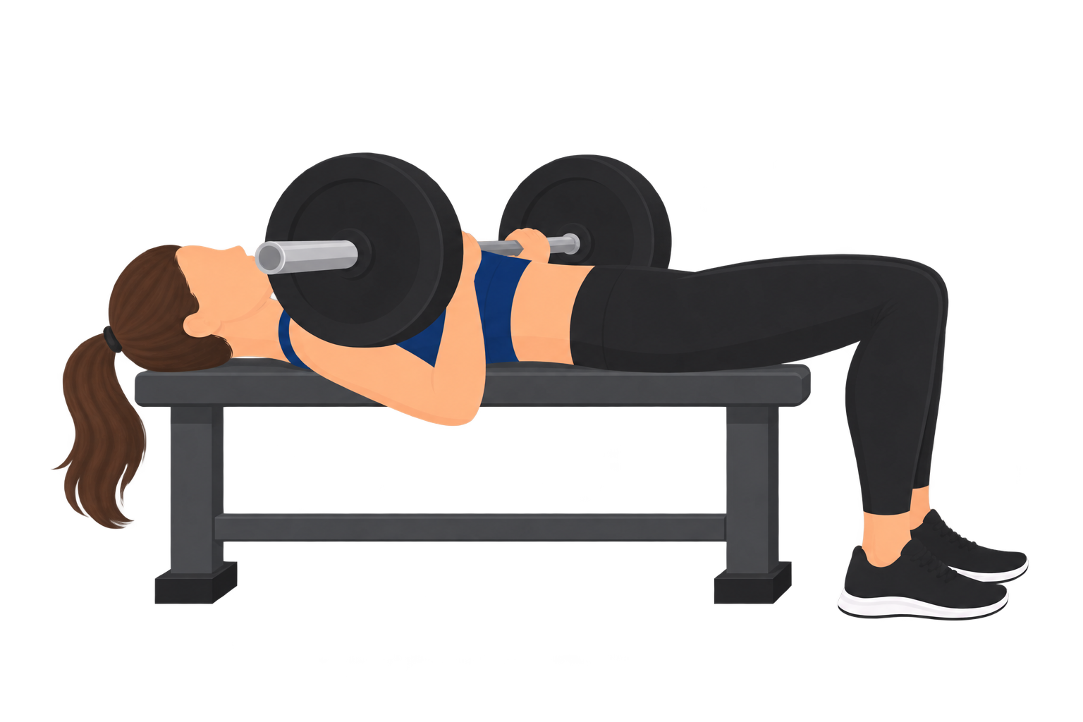 Illustration of correct bench press elbow depth: at the bottom of the rep, the underside of both elbows has dropped level with the top of the shoulders.