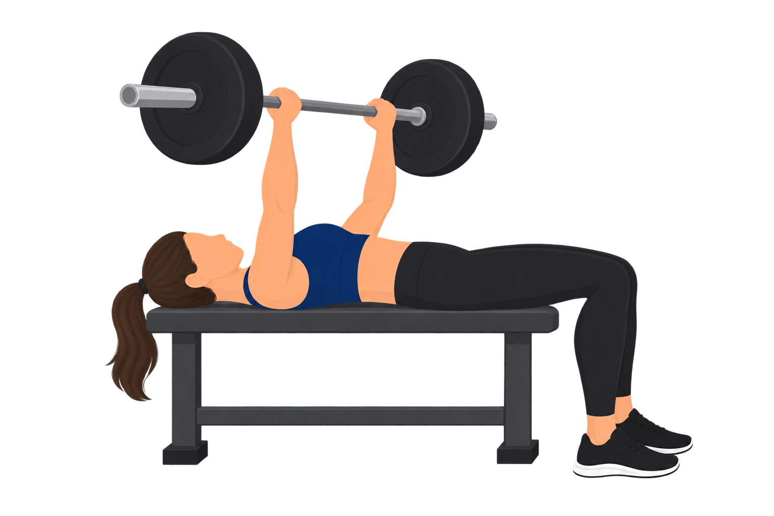 Illustration of correct bench press foot position: both of the lifter's feet are flat on the floor, fully planted, while the bar is pressed.