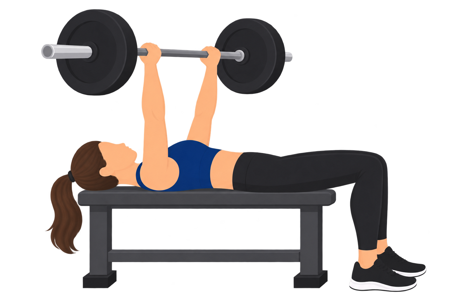 Illustration of a correct bench press lockout: the lifter's arms are fully straight and elbows locked with the bar held motionless overhead at the top of the rep.