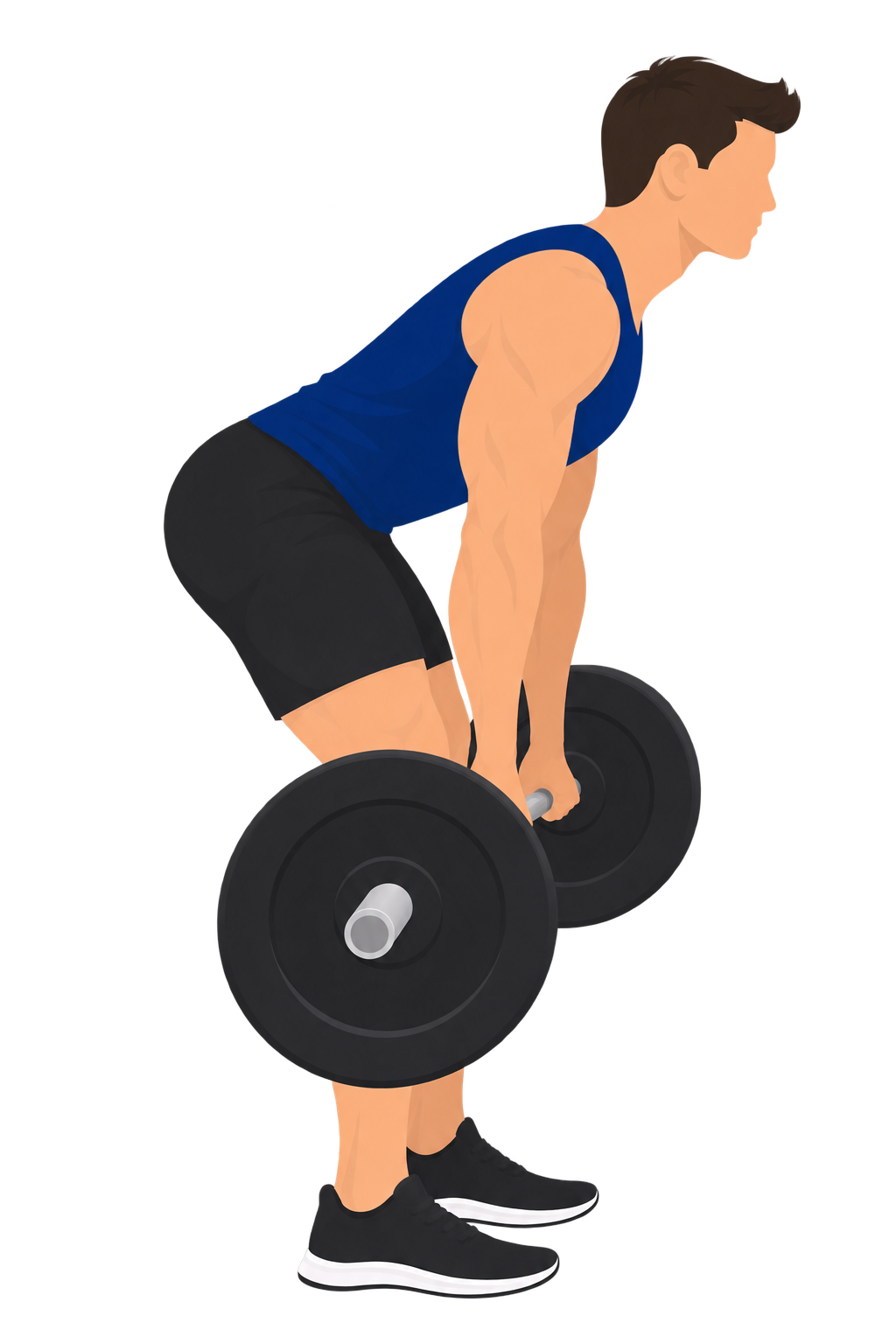 Illustration of a correct deadlift descent: the lifter lowers the bar to the platform with both hands maintaining a firm grip the whole way down.