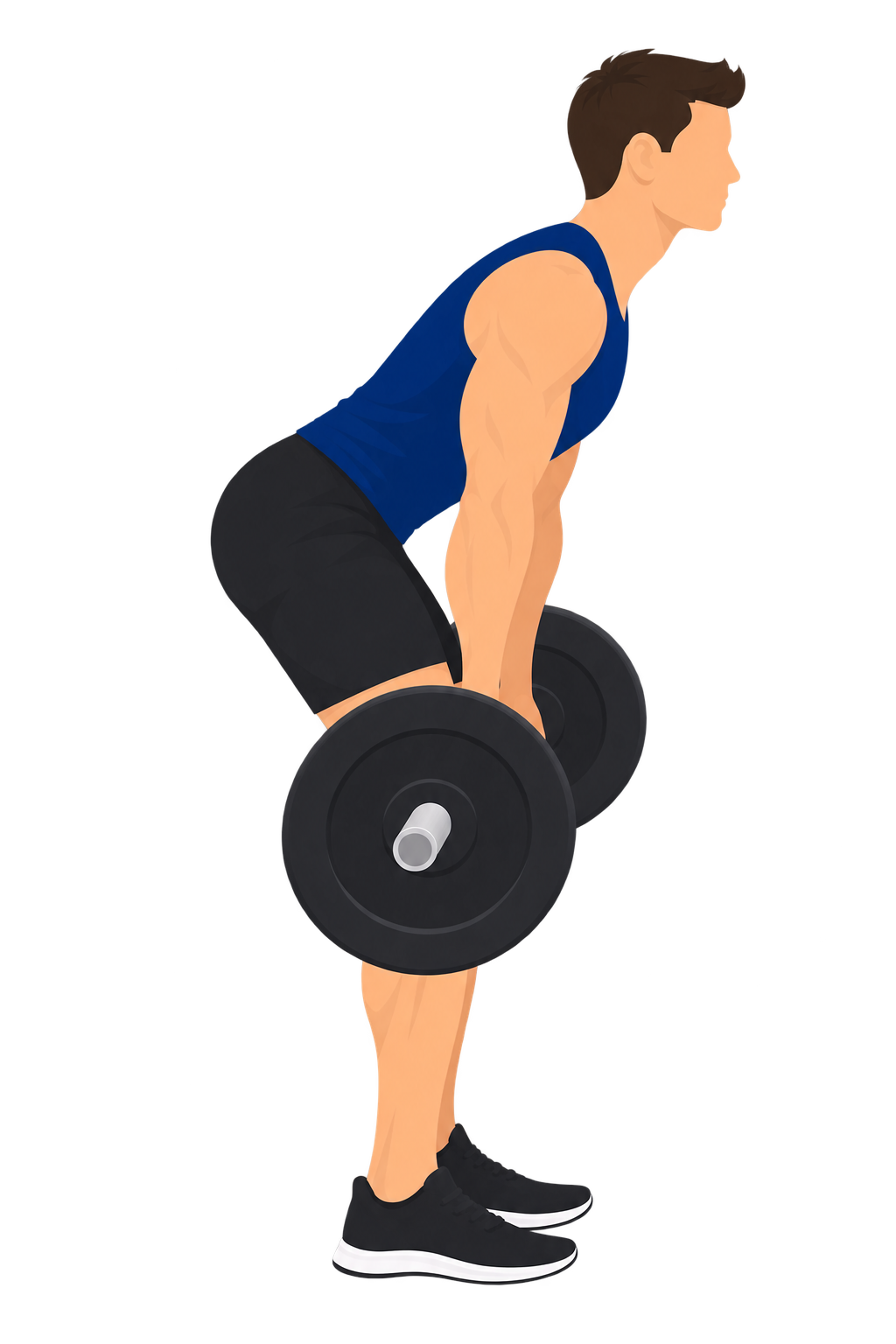 Illustration of a disqualified deadlift: the barbell is pressed against and resting on the lifter's thighs, visibly supported there to help finish the lift.