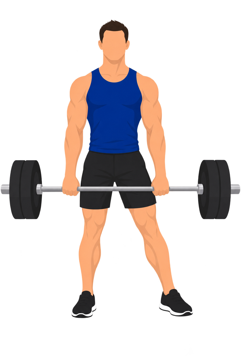 Illustration of a disqualified deadlift viewed from the front: one of the lifter's feet has visibly shifted outward, breaking the symmetrical stance.