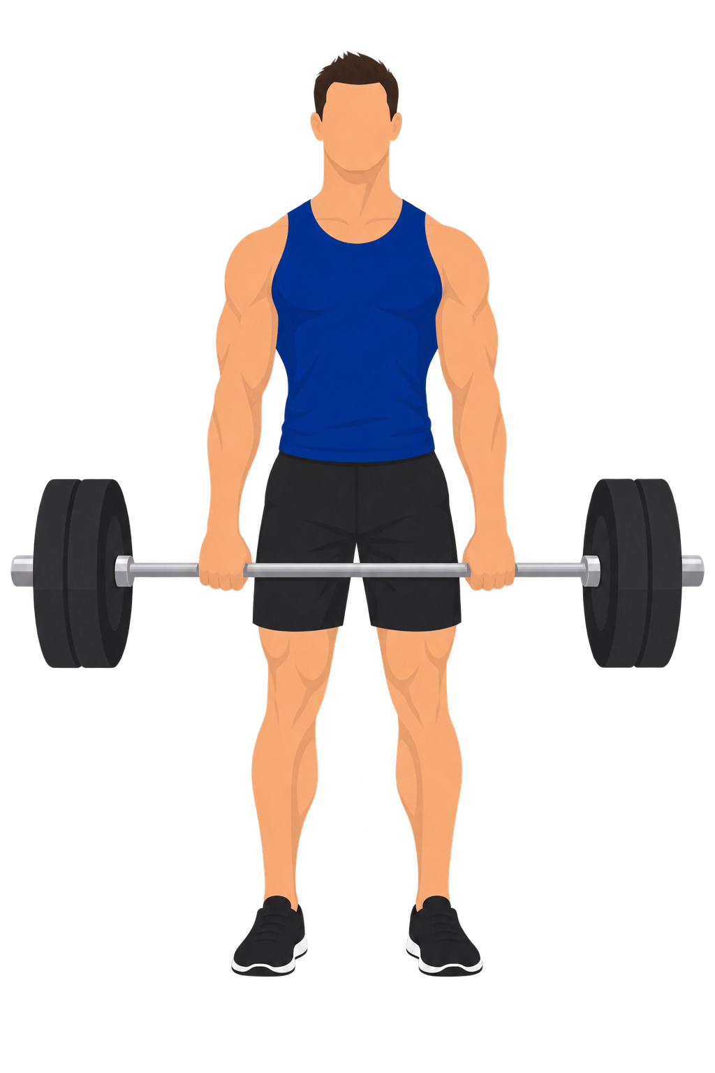 Illustration of correct deadlift foot position viewed from the front: the lifter's feet are symmetrical and evenly spaced on either side of the body, both flat on the ground.