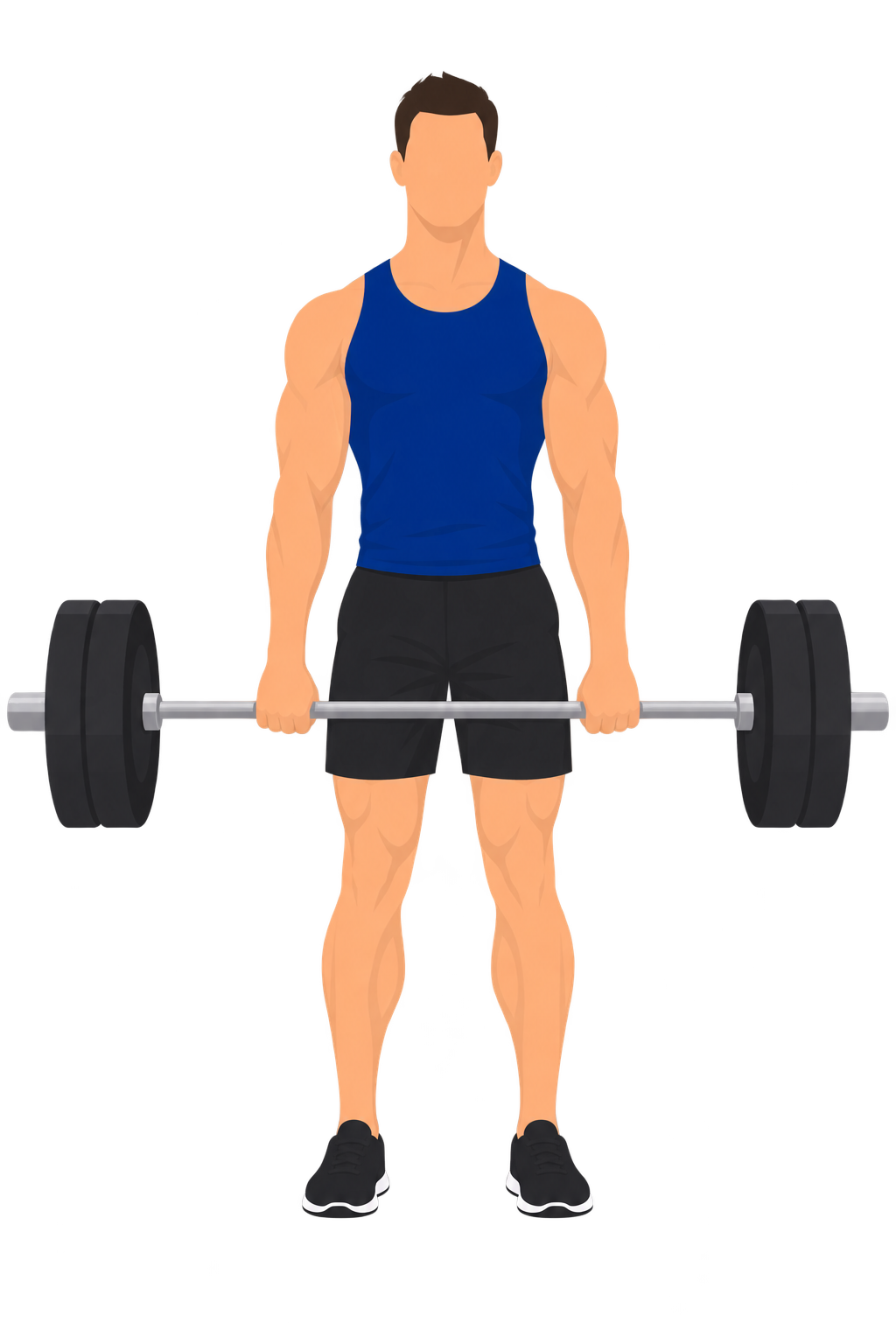 Illustration of a correct deadlift finish viewed from the front: the lifter stands with both knees fully locked straight, legs symmetrical on either side of the body.
