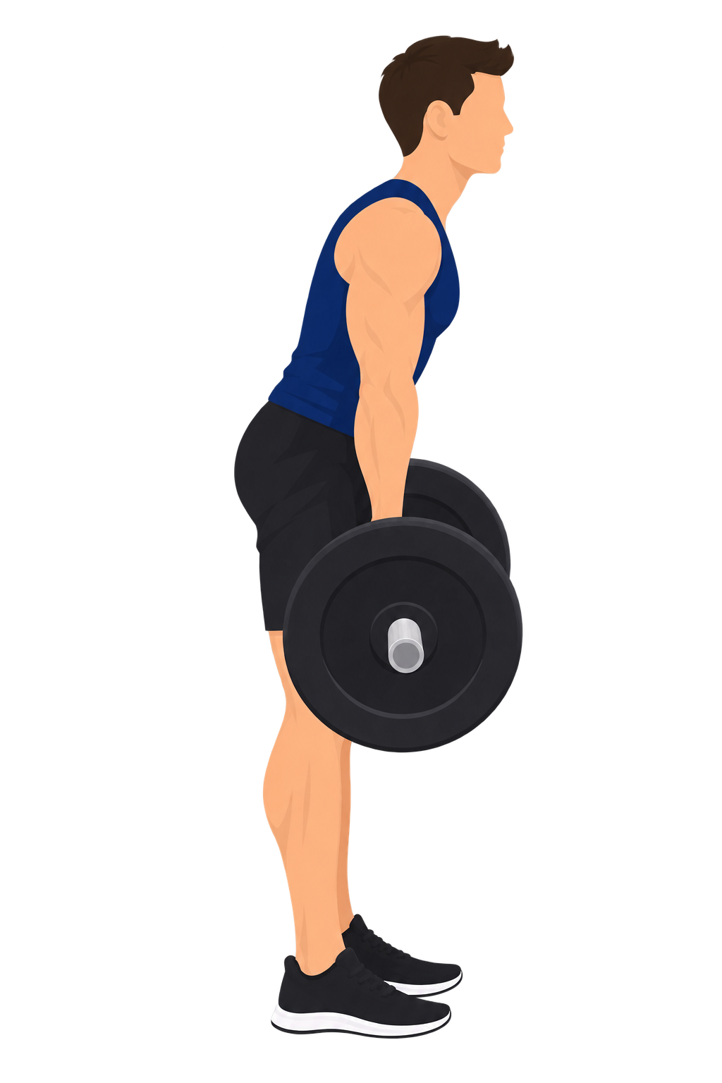Illustration of a disqualified deadlift: the lifter's torso still leans forward at the top of the lift, with the front of the deltoid still positioned in front of the bar's vertical line.