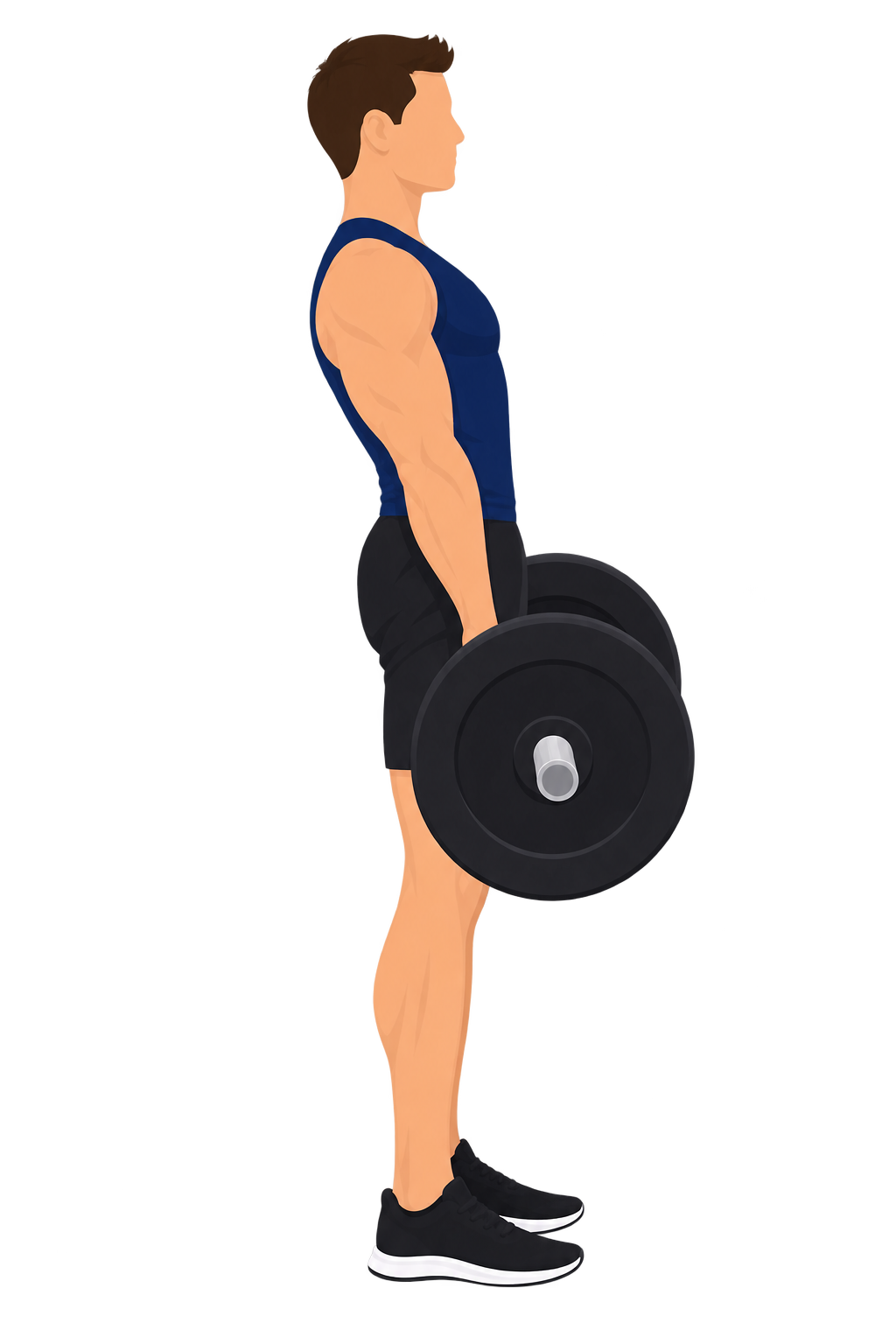 Illustration of a correct deadlift lockout: the lifter stands fully erect with shoulders pulled back, the front of the deltoid positioned behind the vertical line of the bar.
