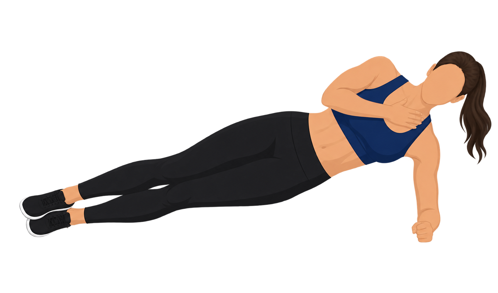 Illustration of the left side bridge endurance test: a person lies on their left side supported on the left forearm and the side of the feet, hips lifted so the body forms a straight line from head to feet, with the top foot placed ahead of the bottom foot.