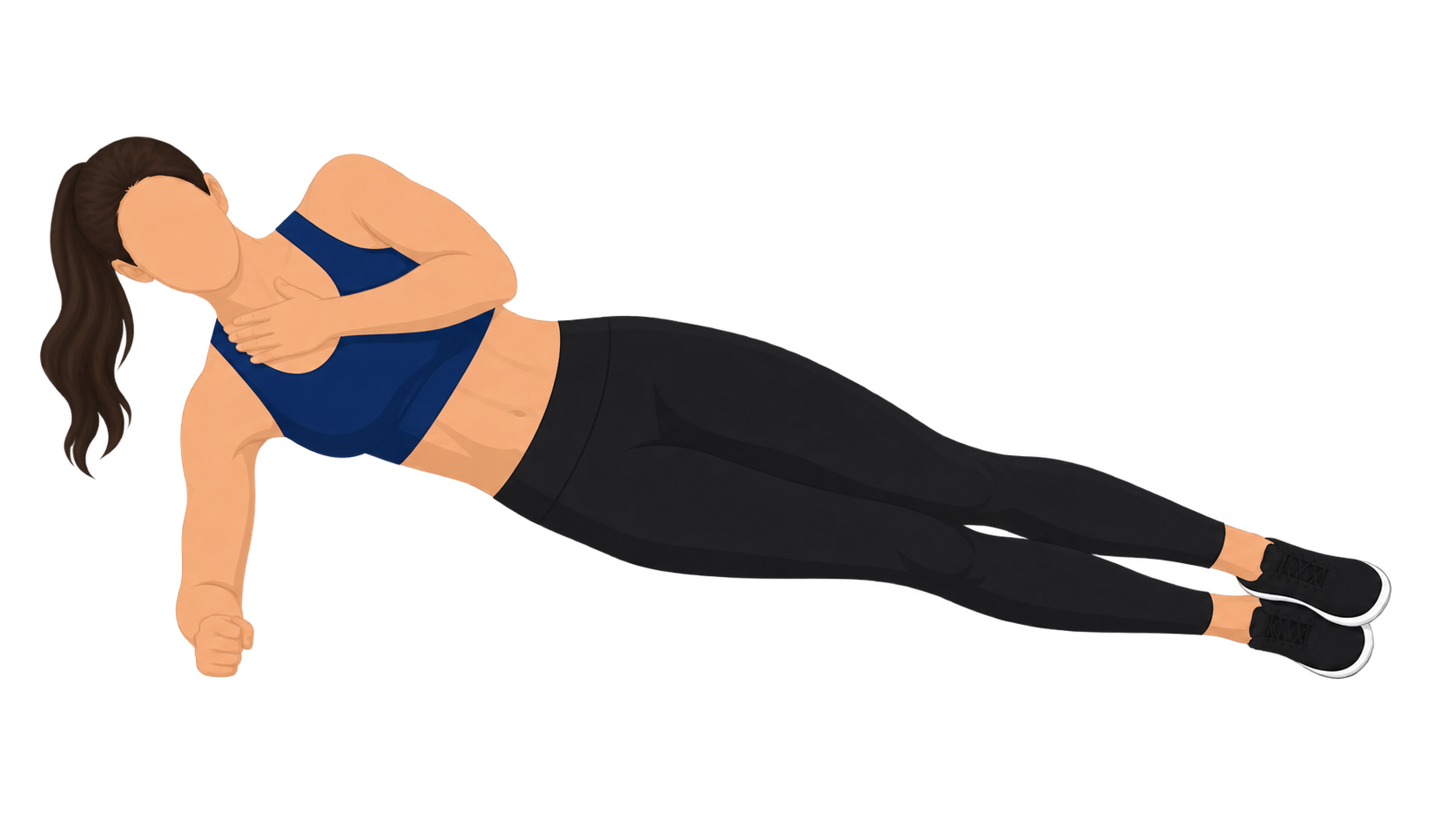 Illustration of the right side bridge endurance test: a person lies on their right side supported on the right forearm and the side of the feet, hips lifted so the body forms a straight line from head to feet, with the top foot placed ahead of the bottom foot.