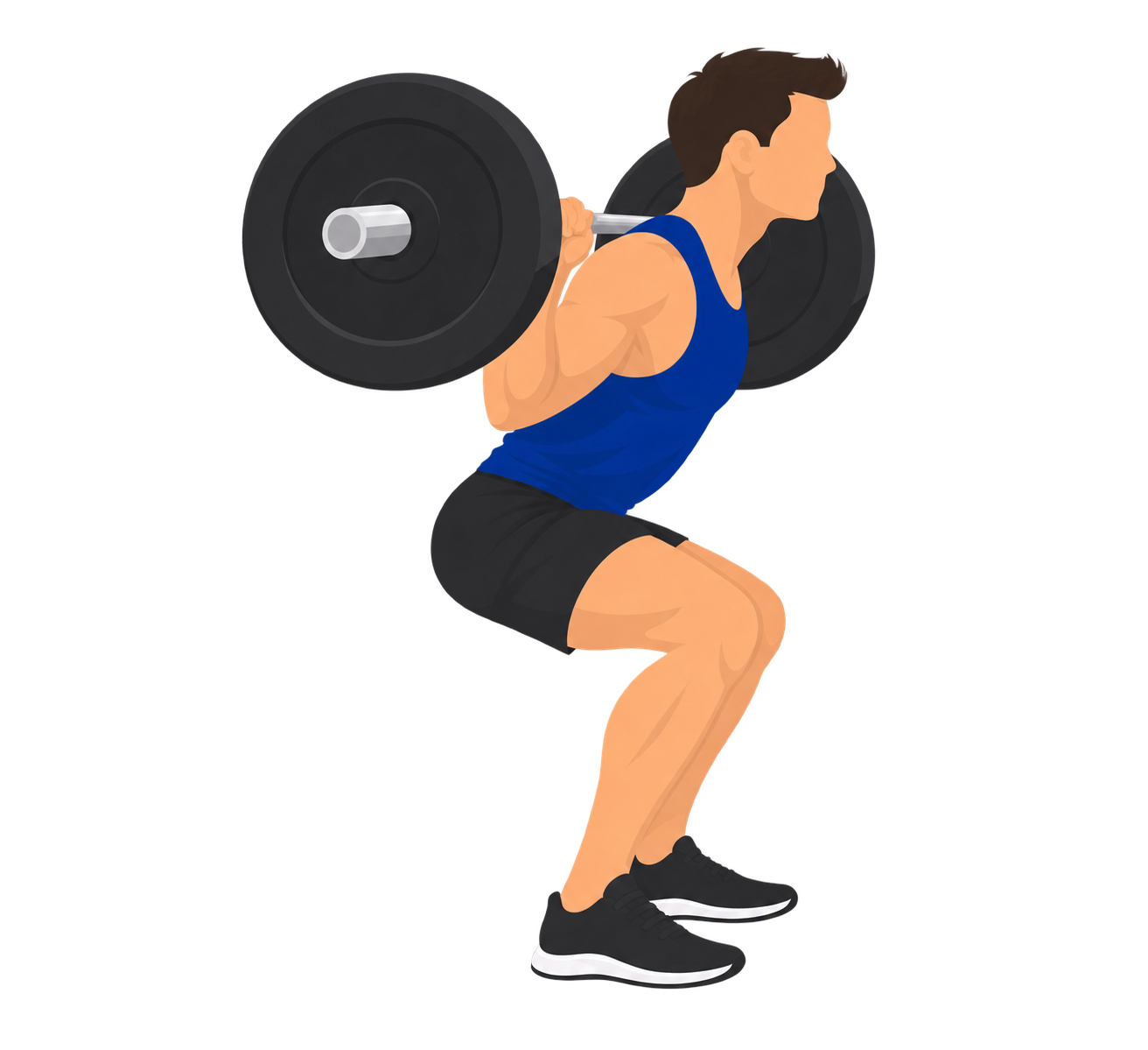 Illustration of a disqualified squat: the lifter's hip crease stops level with or above the top of the knee, short of the required depth.
