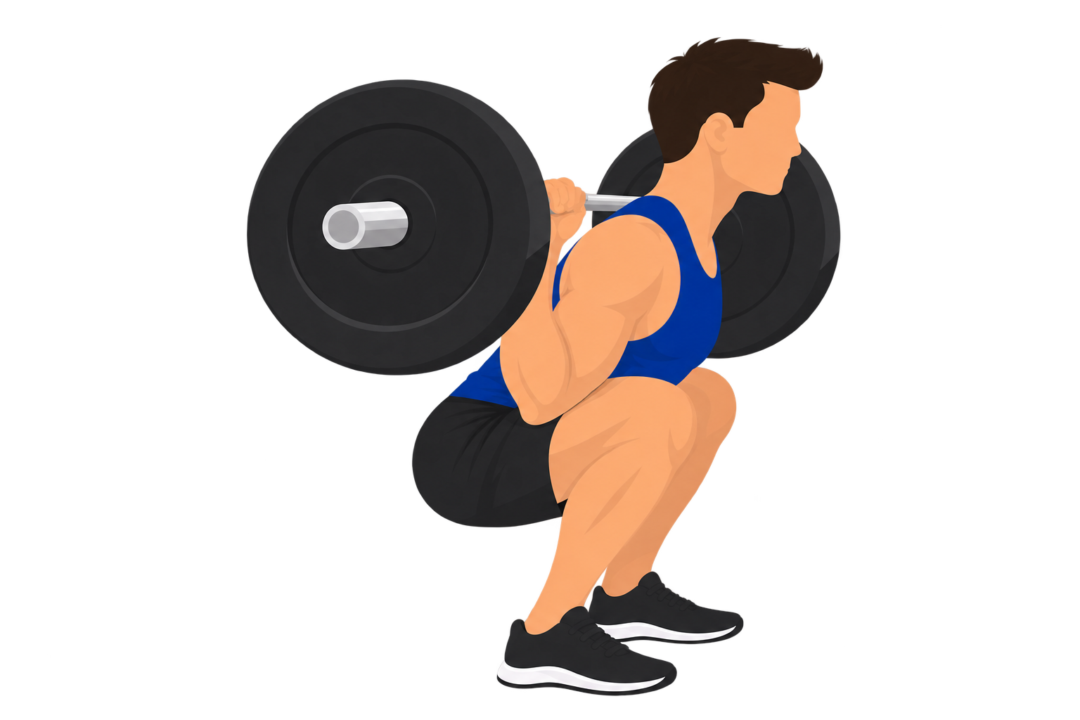 Illustration of a disqualified squat: the lifter's elbow is pressed firmly into the inner thigh, visibly supporting and aiding the lift out of the bottom position.