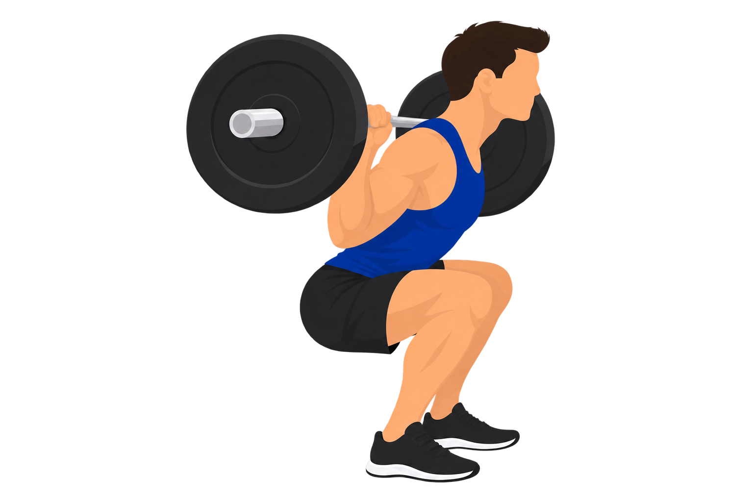 Illustration of a correct squat at the bottom position: the lifter's elbows stay clear of the thighs without resting on or pressing into them.