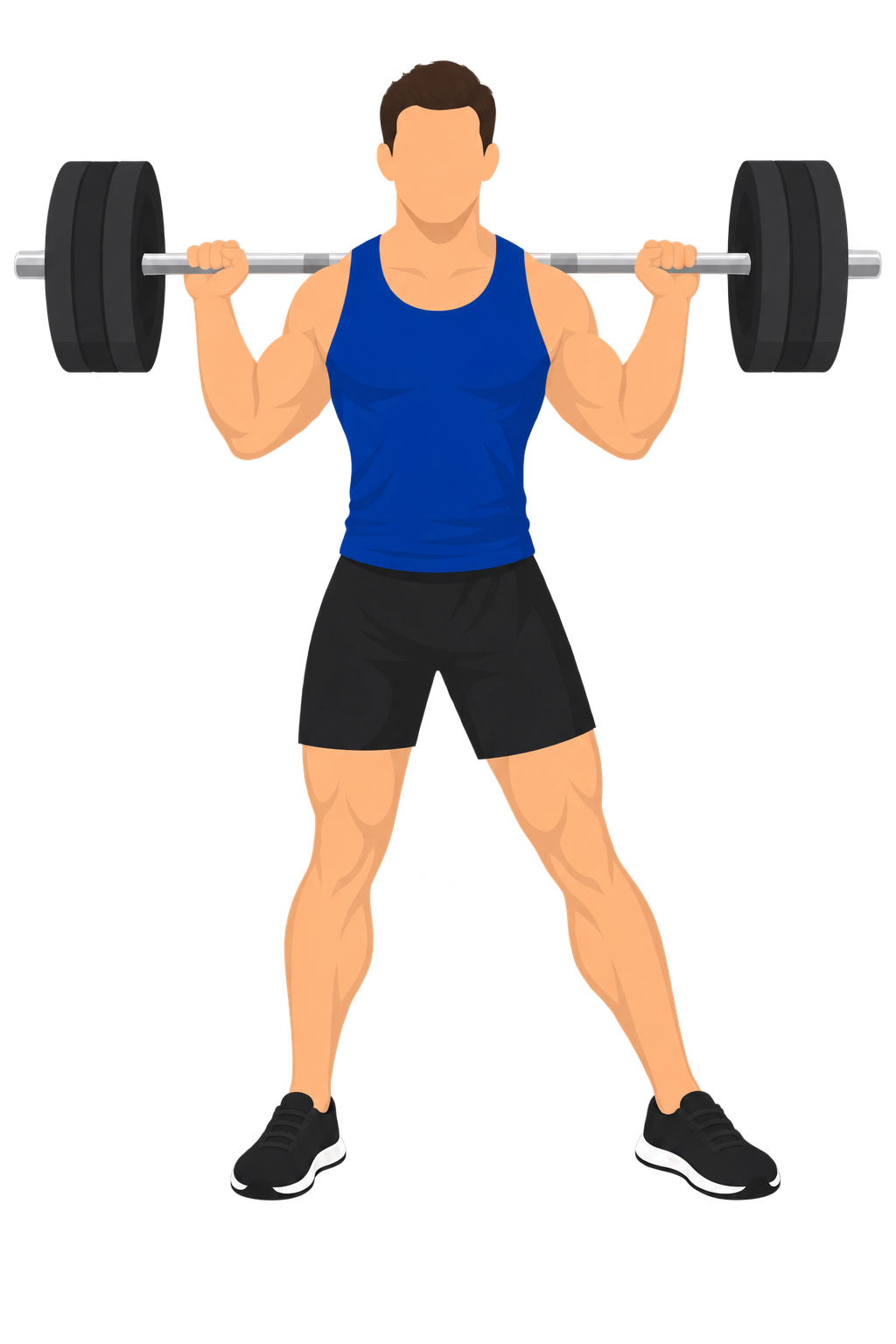 Illustration of a disqualified squat viewed from the front: one of the lifter's feet has visibly shifted outward, breaking the symmetrical stance.