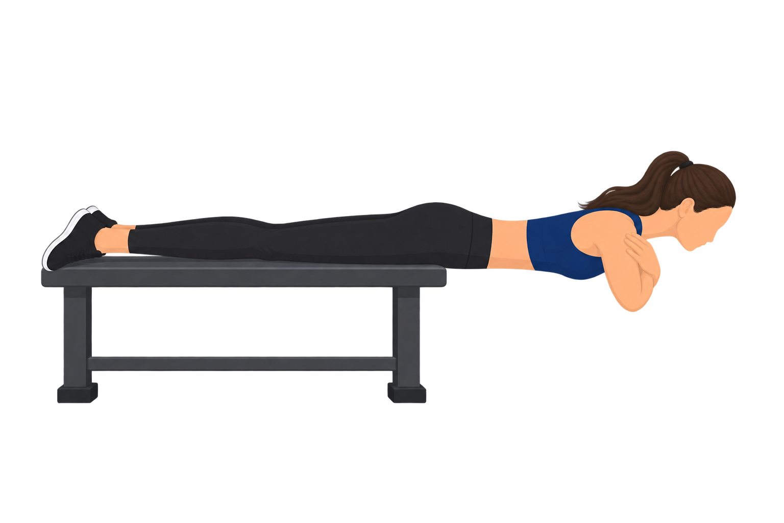 Illustration of the trunk extensor endurance test: a person lies face down on a bench with the bench edge at the hips, the entire upper body held horizontal and unsupported off the end, legs resting on the bench and arms folded across the chest.