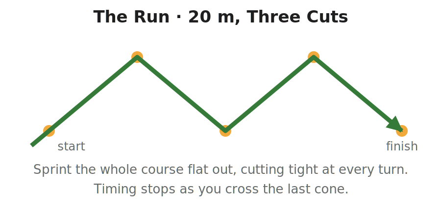 Diagram of the Zig-Zag agility test run: a green path starting 1 meter behind the first cone and sprinting through all five cones along the zigzag, ending with an arrow at the final cone where timing stops.