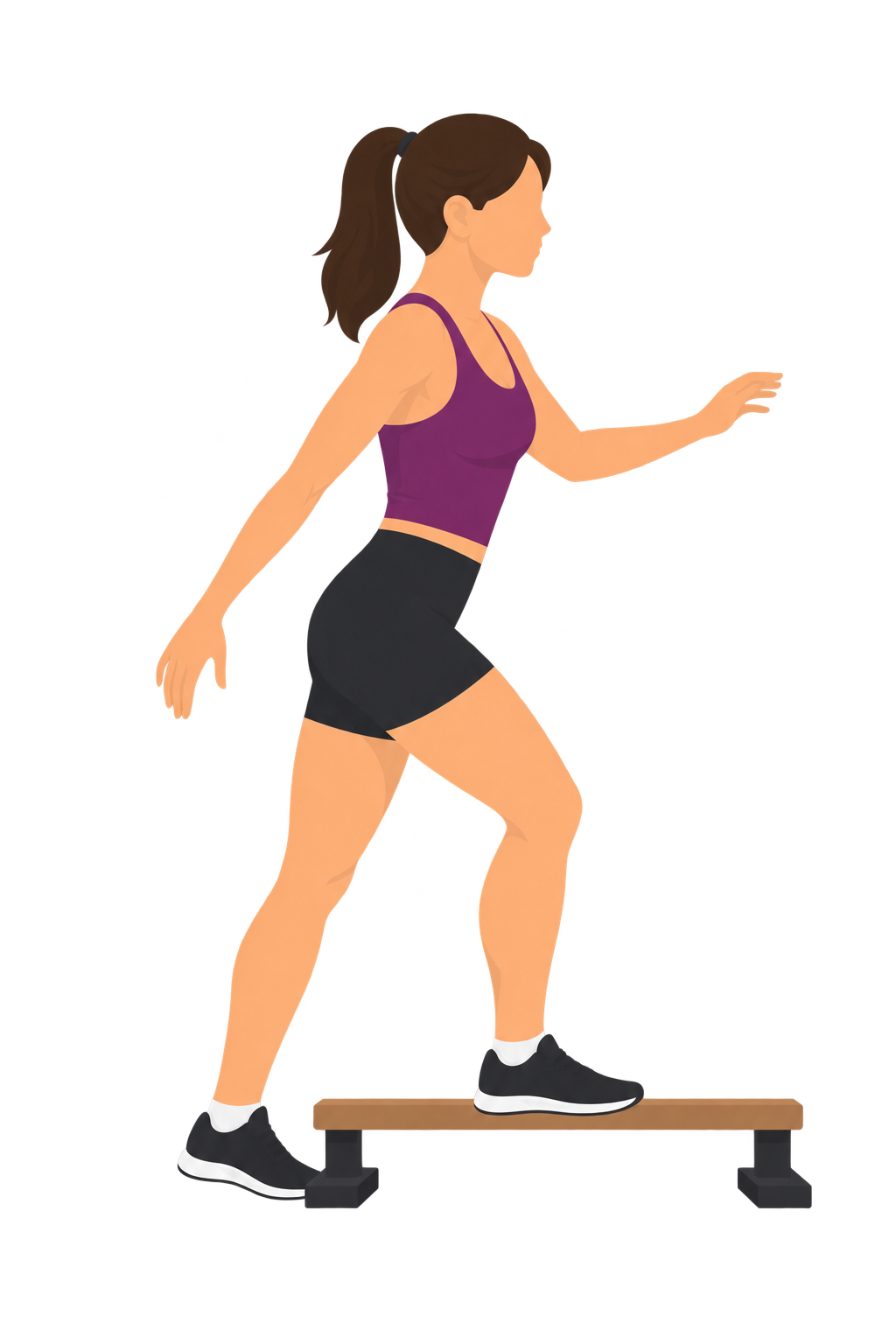 Illustration of a Flamingo Balance Test fall: the previously bent free leg has come down and the foot is now planted on the ground beside the beam, breaking the single-leg balance position.