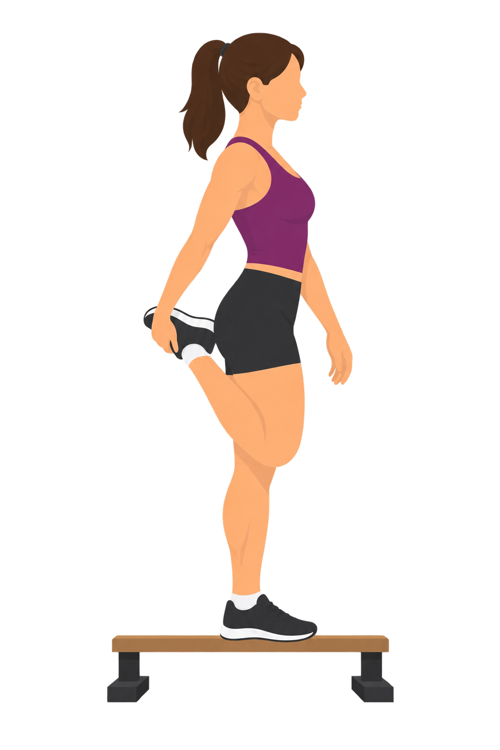 Illustration of the correct Flamingo Balance Test position: a person stands on one leg on a narrow beam, the free leg bent behind them with the same-side hand gripping the foot, the other arm hanging loosely at the side.