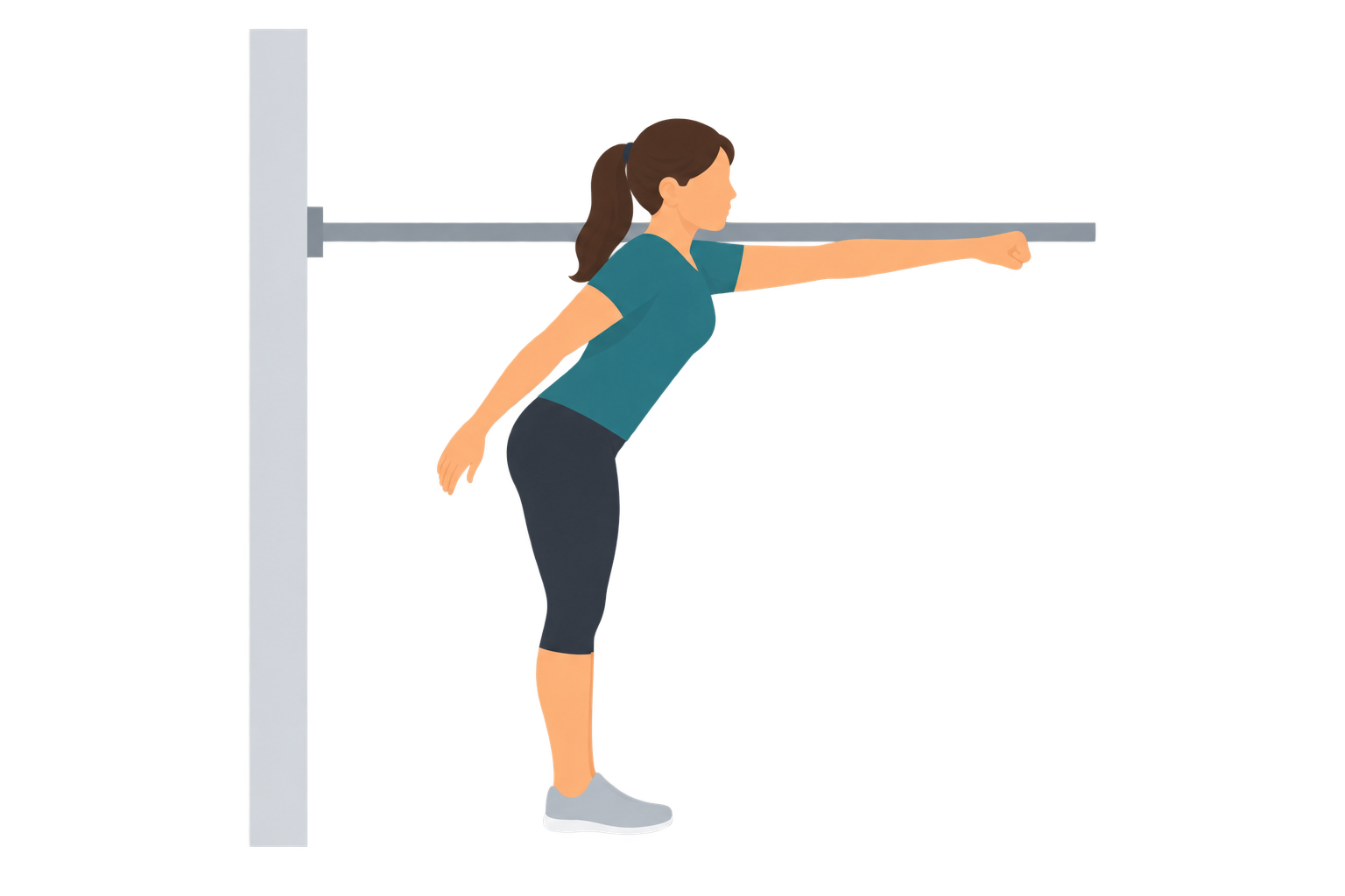 Illustration of the Functional Reach Test end position: the same woman has hinged forward at the hips with her hips shifted back behind her heels as a counterweight, her straight arm and closed fist carried further along the yardstick than in the start position so the middle knuckle marks a new reading, while both feet stay flat on the ground in exactly the same place.