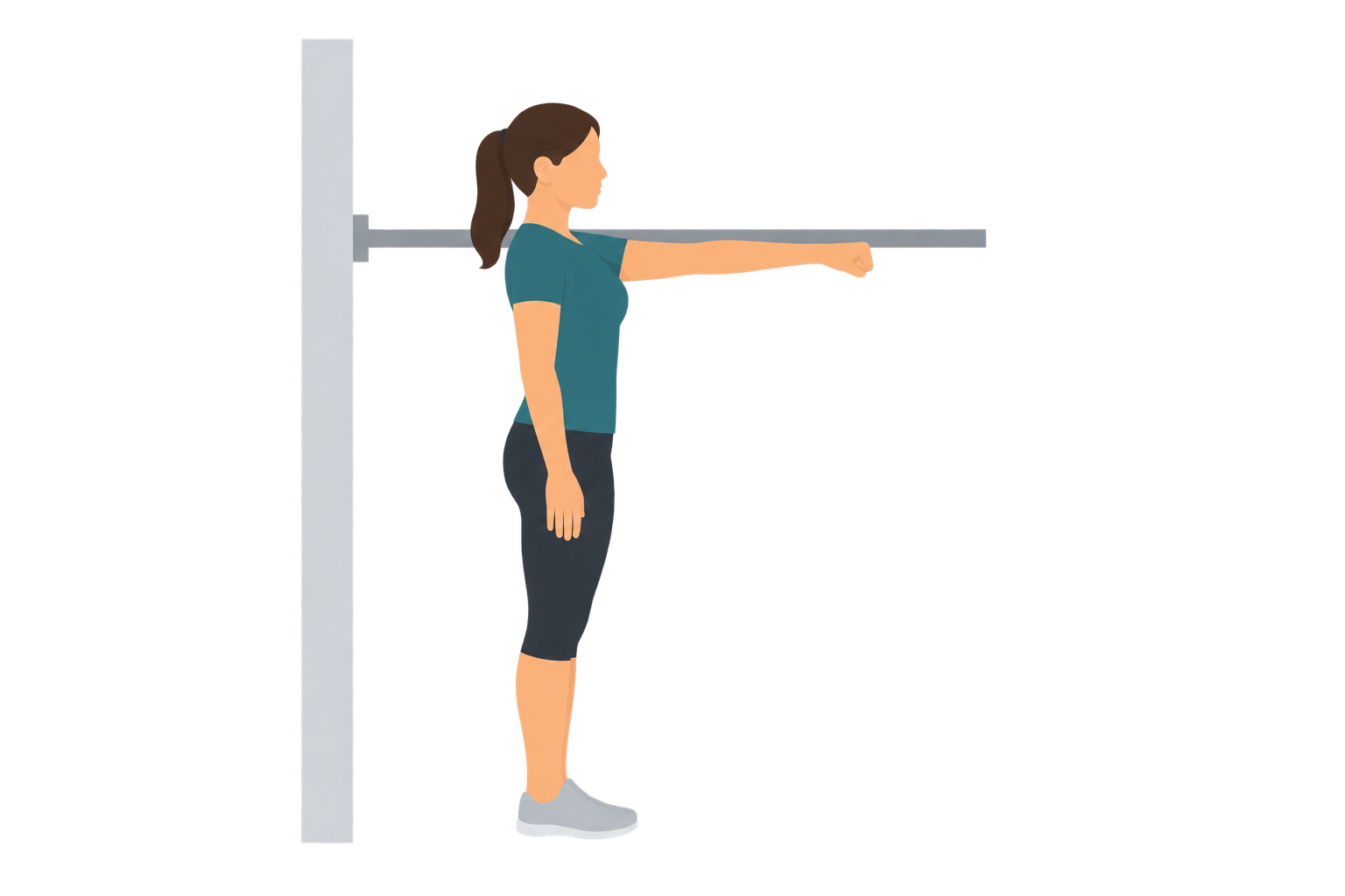 Illustration of the Functional Reach Test start position: a woman stands upright in profile beside a wall that has a level yardstick mounted along it at shoulder height, her body close to the wall but not touching it, the arm nearest the wall extended straight forward at shoulder level with the hand in a closed fist, the middle knuckle of that fist lined up against the yardstick, her other arm hanging at her side and both feet flat on the ground.