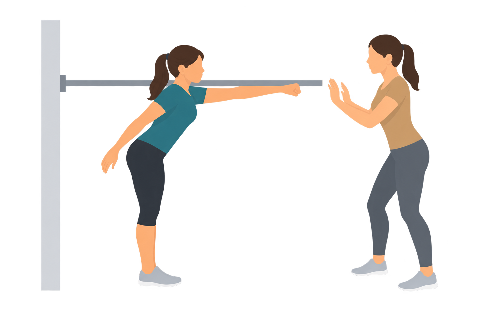 Illustration of how to guard someone during the Functional Reach Test: the reaching woman is at full forward reach, hinged at the hips with her fist out along the yardstick, while a second person stands in front of her on the side she is reaching toward, turned to face her with both hands raised open at her chest and shoulder height, close enough to catch her but not touching her.